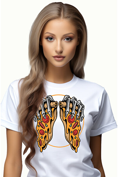 StoryGift Romania Tricou Femei Cu Felii De Pizza, Schelet, Maini, Cerc, Branza, Mancare, Fast Food WHT_L