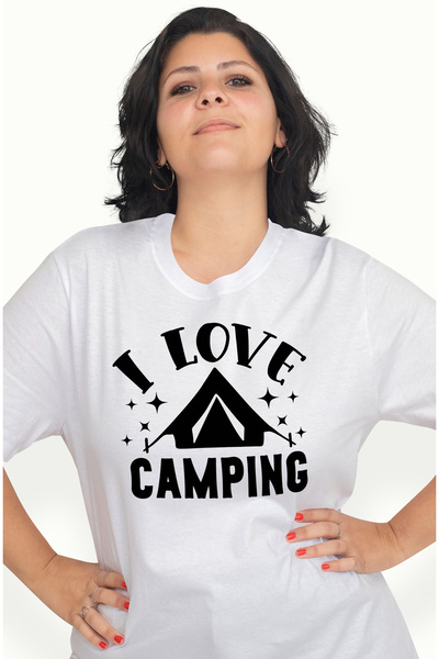 StoryGift Romania Tricou Femei cu un cort si stelute cu mesajul "I love camping" - iubesc camping- WHT_M