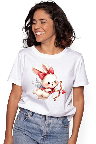 StoryGift Romania Tricou Femei cu un iepuras alb Cupidon care trage cu arcul, ilustratie, indragos WHT_L