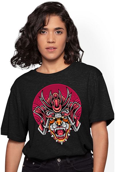 StoryGift Romania Women's T-Shirt With Tiger, Collar, Helmet, Samurai, Fighter, Asian, Multicolor with BLK_L