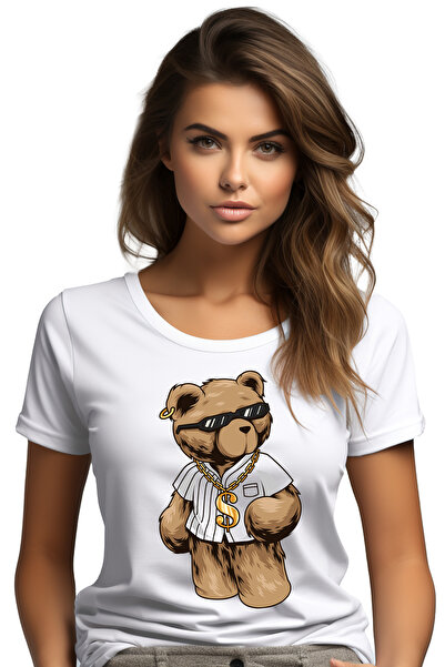 StoryGift Romania Tricou Femei Cu Urs De Plus, Lant, Ochelari De Soare, Cercel, Multicolor cu imp WHT_S