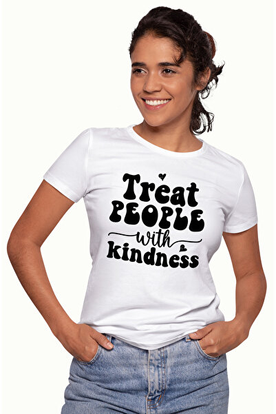 StoryGift Romania Tricou Femei cu inimioare si textul "Trateaza oamenii cu bu...