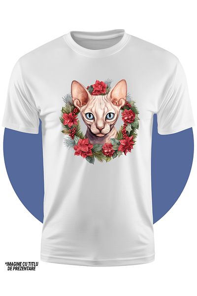 StoryGift Romania Tricou Copii Cu O Pisica Sfinx Serioasa, Ilustratie, Coroana, Vasc, Frunze, Brad, Pentru I