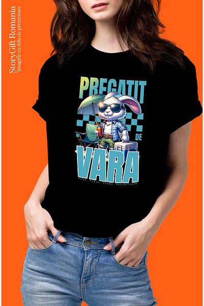 StoryGift Romania Tricou Femei Iepure Pregatit de Vara - Plaja, Soare, Racoritoare, cu imprimeu p BLK_L