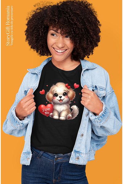 StoryGift Romania Tricou Femei cu o catelusa cu mesajul "I love you", inimioare, veselie, fericire BLK_L