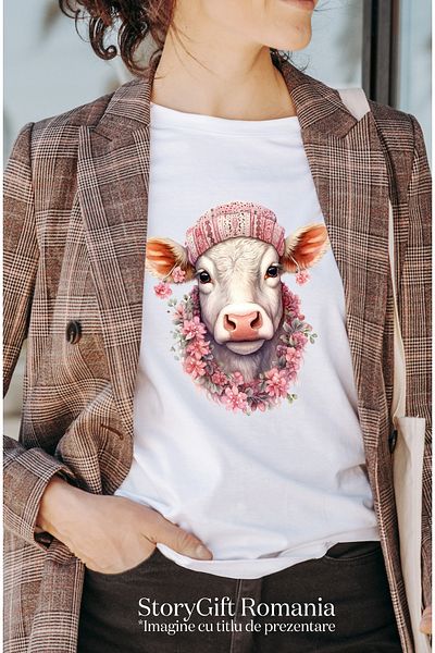 StoryGift Romania Tricou Femei cu o vacuta cu caciula, ilustratie, lantisor din floricele, natura, WHT_L