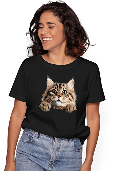 StoryGift Romania Tricou Femei cu o pisica uimita, ilustratie, se uita mirata, pentru iubitorii de BLK_L