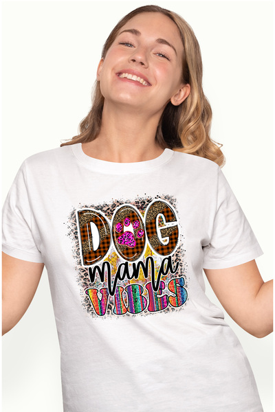 StoryGift Romania Tricou Femei cu mesajul "Dog Mama Vibes", caine, animal de companie, ilustratie, WHT_M
