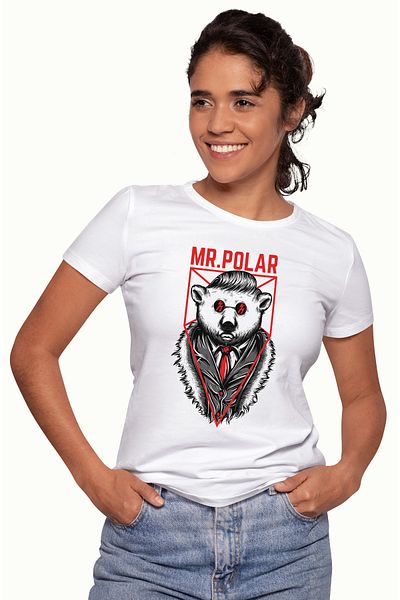StoryGift Romania Tricou Femei Cu Urs Polar Cu Parul aranjat Ochelarii De Soare In Costum Cu Crava WHT_L