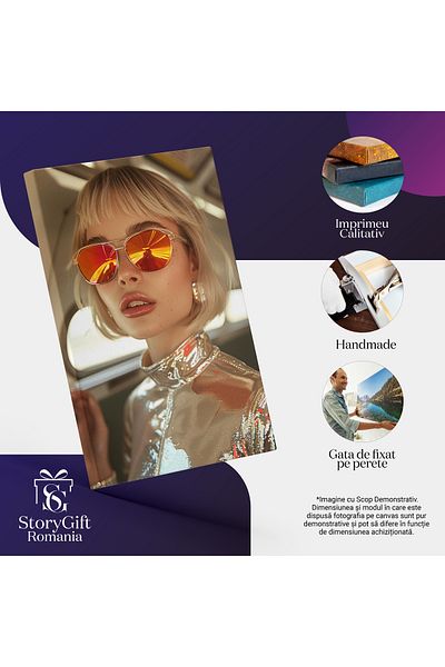 StoryGift Romania Tablou Canvas Reflexia Din Ochelarii Blondei Cu Păr Scurt Îmbrăcată În Costum Reflectorizant ,