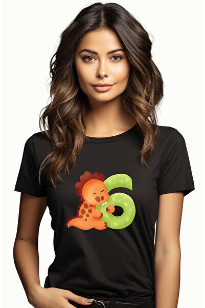 StoryGift Romania Tricou Femei cu un dinozaur maro cu cifra 6, ilustratie, pe...