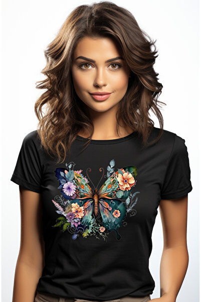 StoryGift Romania Tricou Femei cu un fluture cu aripi inflorate, ilustratie, ...