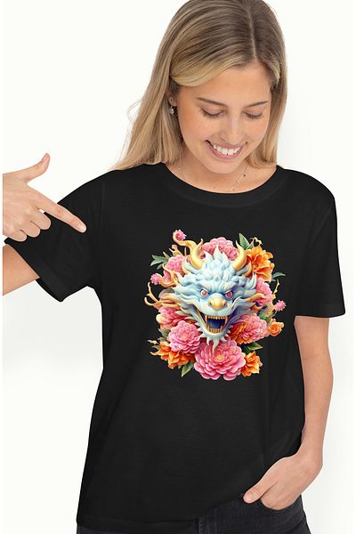 StoryGift Romania Tricou Femei cu un dragon chinezesc, ilustratie, floricele, roz, an nou, China, BLK_L
