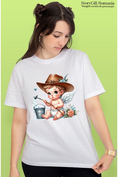StoryGift Romania Women's T-shirt with a baby with angel wings, illustration, bucket, water, wet, f WHT_L