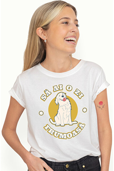 StoryGift Romania Tricou Femei Caine fericit text SA AI O ZI FRUMOASA, iubito...