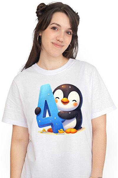 StoryGift Romania Tricou Femei cu un pinguin vesel care tine cifra "4", ilustratie, scoala, elevi, WHT_L