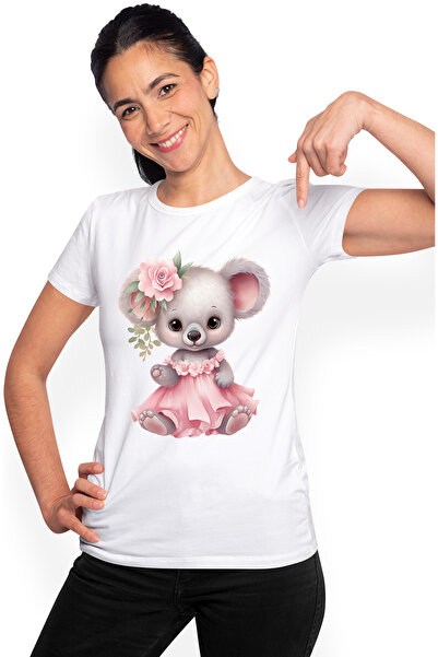 StoryGift Romania Tricou Femei cu o ursoaica Koala, ilustratie, timida, rochita, roz, floare, cado WHT_L