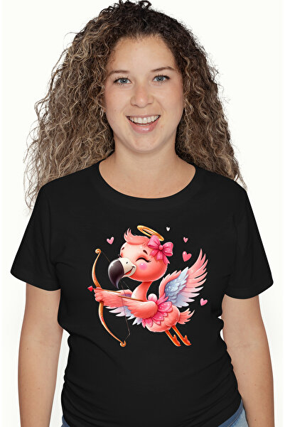 StoryGift Romania Tricou Femei cu o pasare Flamingo care trage cu arcul, ilustratie, Flamingo, ini BLK_L