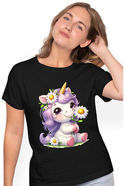 StoryGift Romania Tricou Femei cu un unicorn vesel, ilustratie, imbujorata, coama lunga, floricele BLK_L