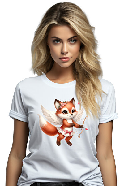 StoryGift Romania Tricou Femei cu o vulpita care trage cu arcul, ilustratie, Cupidon, indragostire WHT_L