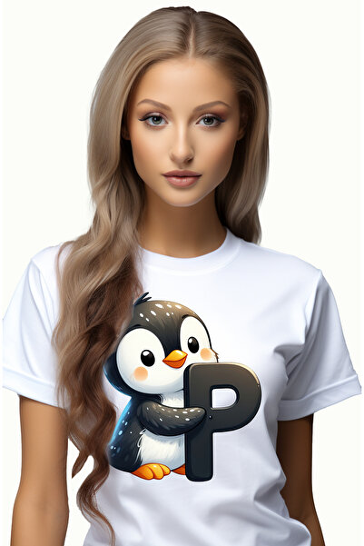 StoryGift Romania Tricou Femei cu un pinguin cu litera "P", ilustratie, pentr...