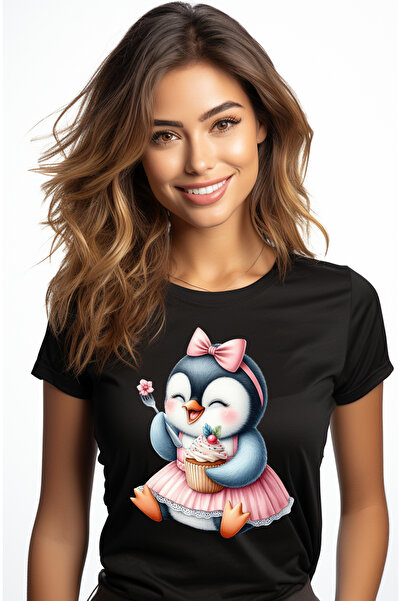 StoryGift Romania Tricou Femei cu un pinguin vesel, ilustratie, imbujorata, rochita, roz, briosa, BLK_M