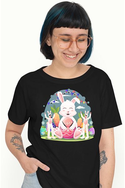 StoryGift Romania Tricou Femei Cu Iepure, Costum, Paste, Morcovi, Oua, Multicolor cu imprimeu pe BLK_L