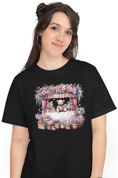 StoryGift Romania Tricou Femei cu o taraba cu numeroase flori, ilustratie, plante, ursulet de plus BLK_L