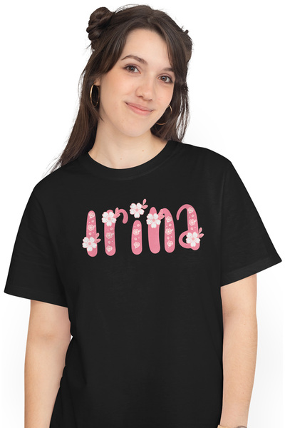 StoryGift Romania Women's T-Shirt With Name Irina, Flowers, Colorful, Pink, C...