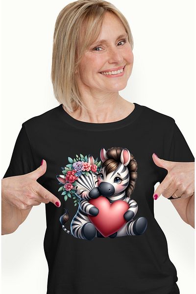 StoryGift Romania Women's T-shirt with 2 zebras hugging and holding a heart, illustration, crowned BLK_L