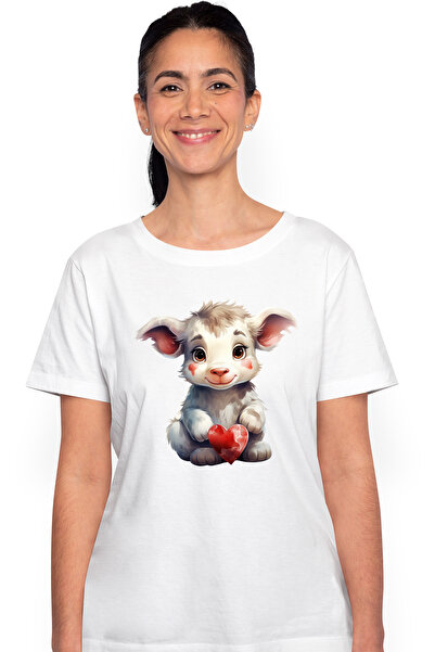 StoryGift Romania Tricou Femei cu un vitel jucaus, ilustratie, vesel, tine o inima, apreciere, afe WHT_L