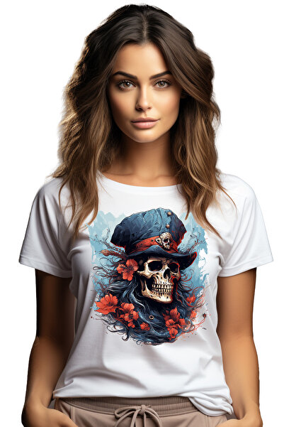 StoryGift Romania Tricou Femei cu un craniu cu palarie, ilustratie, floricele...