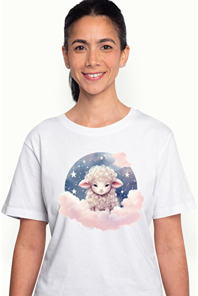 StoryGift Romania Tricou Femei cu o oita somnoroasa, ilustratie, stelute, nor...