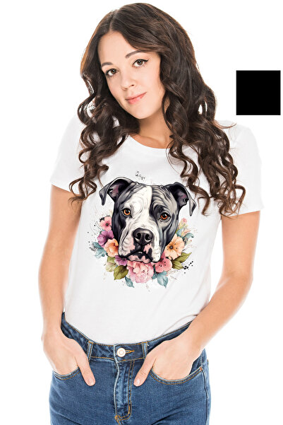 StoryGift Romania Tricou Femei cu un caine Boxer, ilustratie, flori de diverse culori, serios, pen WHT_L