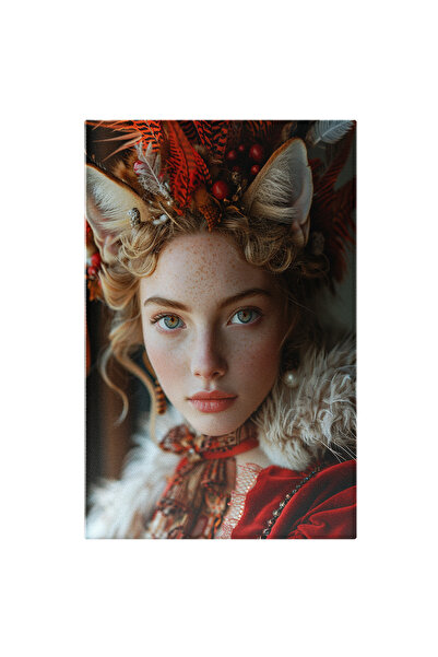 StoryGift Romania Tablou Canvas Felina Transformată În Doamna Cu Urechi Și Guler De Blană Al Rochiei Roșii , Pict