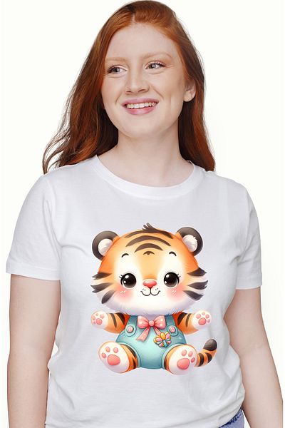 StoryGift Romania Women's T-shirt with a cheerful tiger cub, illustration, waiting to be picked up WHT_L