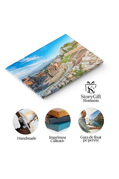 StoryGift Romania Tablou Canvas Vedere Ruinele Teatrului Grec Antic Din Taormina Apa, Natura, Arhitectura, Italia