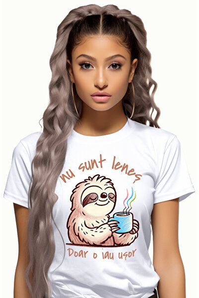 StoryGift Romania Tricou Femei Anima Lenes Cu cana Cafea Text Haios Nu Sunt Lenes Doar O Iau Usor WHT_L