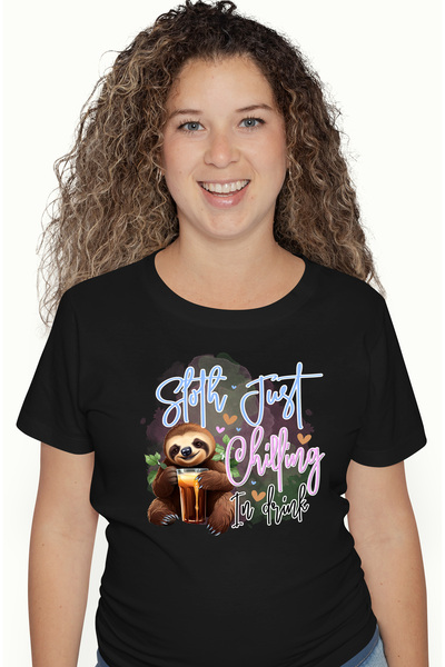 StoryGift Romania Tricou Femei cu animalul sloth/lenes cu un pahar cu bautura...