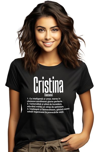 StoryGift Romania Tricou Femei Cu Numele Cristina, si Mesaj Motivational, Glumeata, Carismatica, I BLK_L