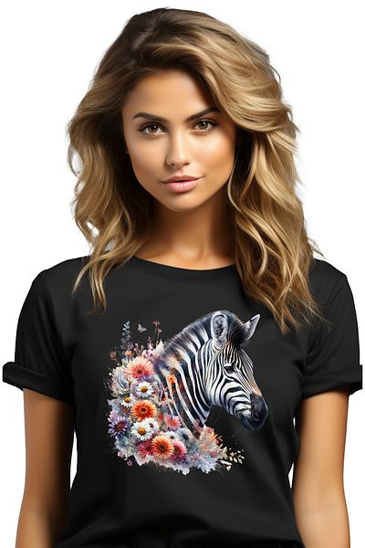 StoryGift Romania Women's T-shirt with a serious zebra, nature, illustration, flowers, plants, abstract, p BLK_L