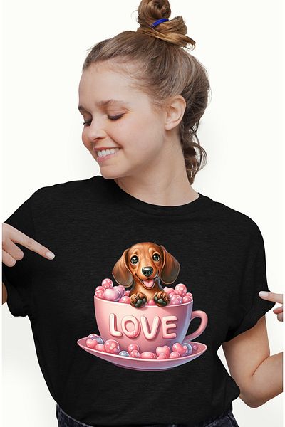 StoryGift Romania Tricou Femei cu un catelus Dachshund care sta intr-o ceasca, ilustratie, vesel, BLK_L