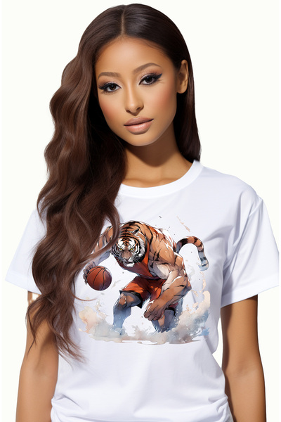 StoryGift Romania Tricou Femei cu un tigru care joaca baschet, ilustratie, sport, competitie, meci WHT_M