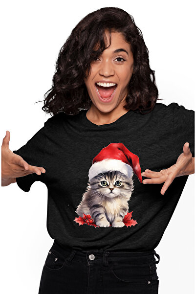 StoryGift Romania Women's T-shirt with a serious kitty, illustration, Christmas hat, mistletoe, Serbian BLK_L