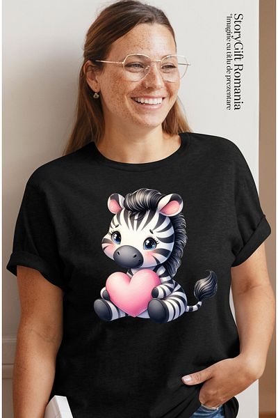 StoryGift Romania Women's T-shirt with a zebra holding a heart in its arms, illustration, love, affection BLK_L