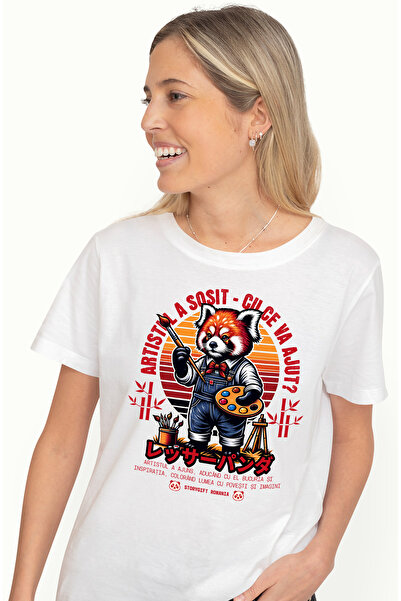 StoryGift Romania Tricou Femei Panda Rosu Pictor - Artistul a Sosit, cu impri...
