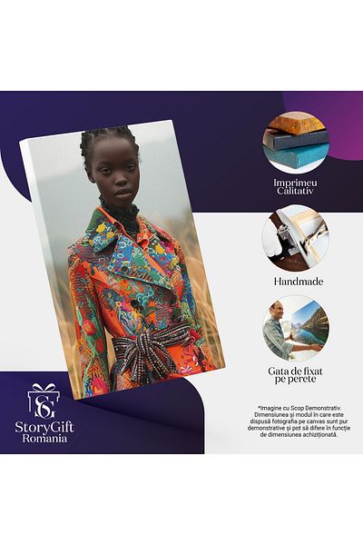 StoryGift Romania Tablou Canvas Negresa Cu Parul Impletit Si Buzele Mari In Palton Multicolor In Lanul De Grau C