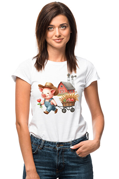 StoryGift Romania Tricou Femei cu un porcusor care trage o roaba cu grau, ilu...