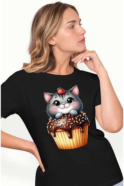 StoryGift Romania Tricou Femei cu o pisicuta care sta intr-o briosa, ilustratie, ciocolata, dulciu BLK_L