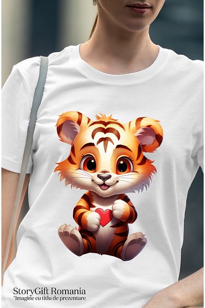 StoryGift Romania Women's T-shirt with a happy tiger cub, illustration, heart, appreciation, acknowledge WHT_L